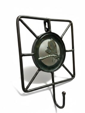 Rustic Dragonfly Print Under Glass Cast Iron Wall Hook Accent Foyer Garden Bath